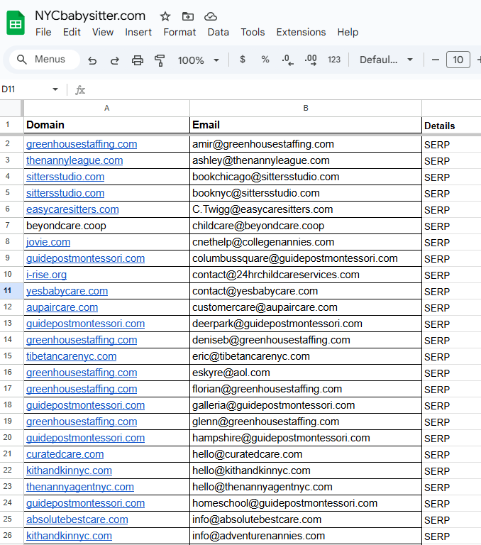 Sample lead generation report showing company names, contact details, and match reasons